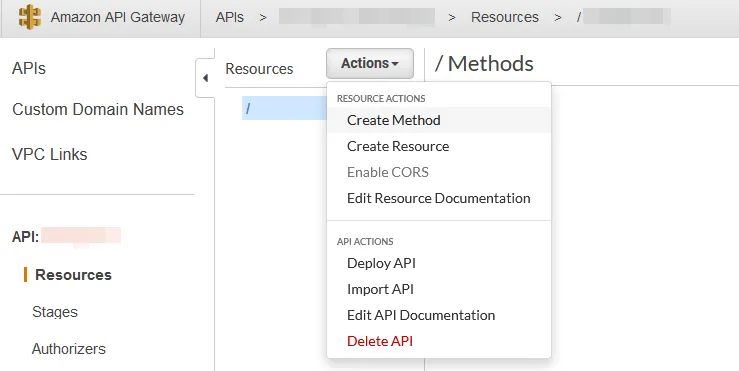 Screenshot of the actions menu for an API