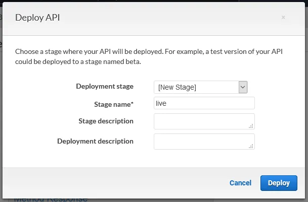 Screenshot of the 'deploy api' dialog