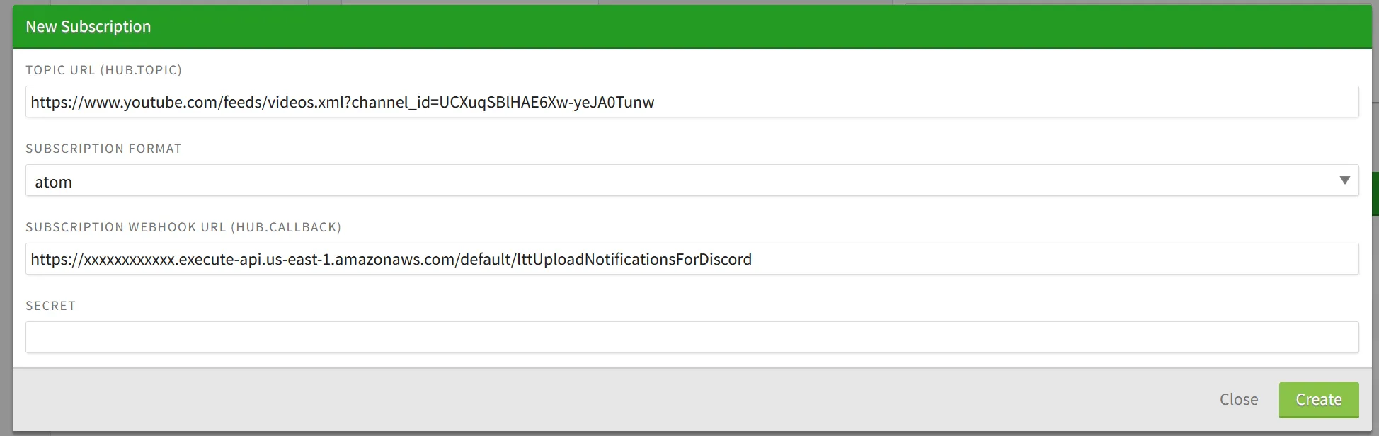 A screenshot of the setup dialog for Superfeedr, with fields filled as detailed above